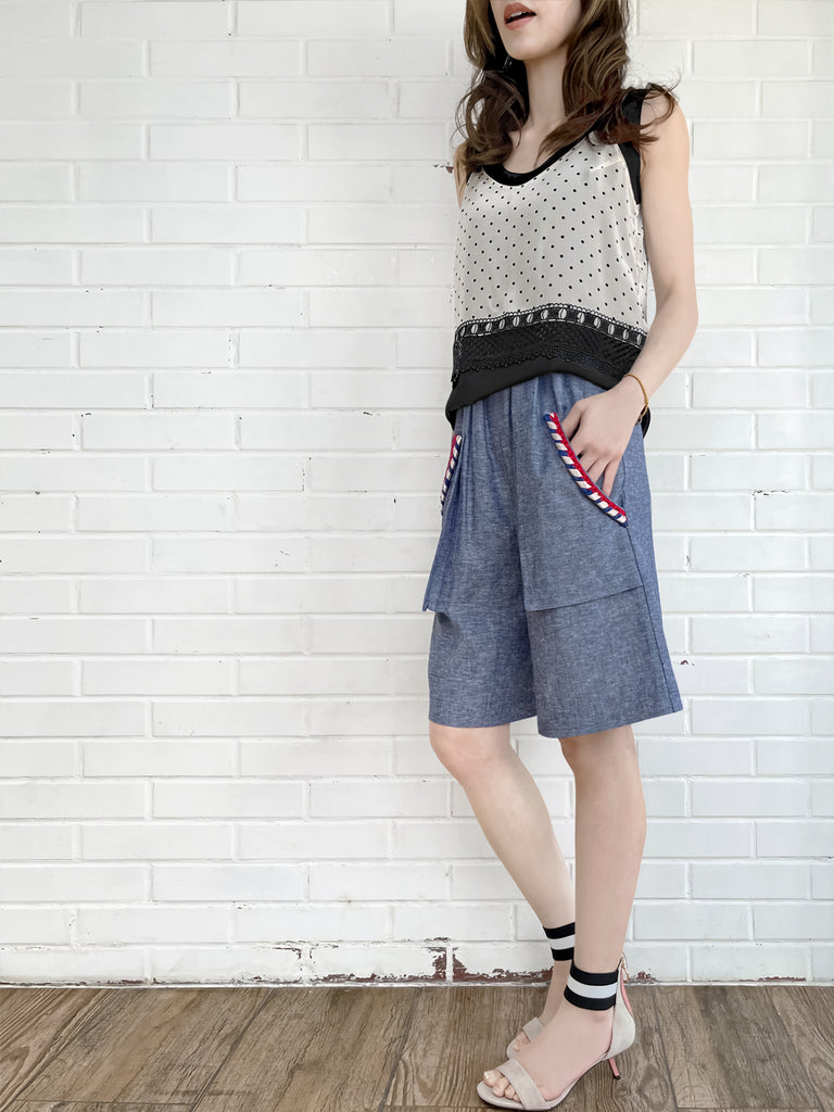 Surprise Sale! Summer Denim Elastic Waist Trimmed Pocket Bermuda Shorts