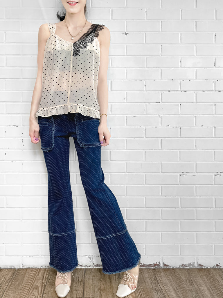 SPECIAL! Polka Dot Asymmetrical Lace Strap Ruffle Hem Silk Tank