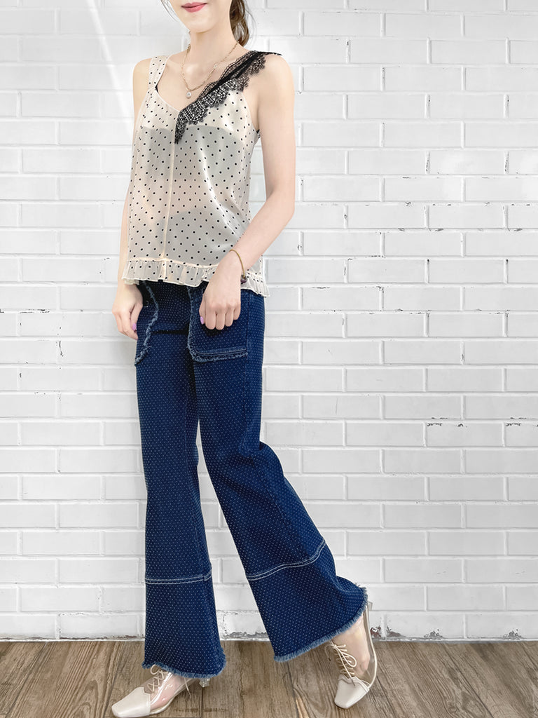 SPECIAL! Polka Dot Asymmetrical Lace Strap Ruffle Hem Silk Tank