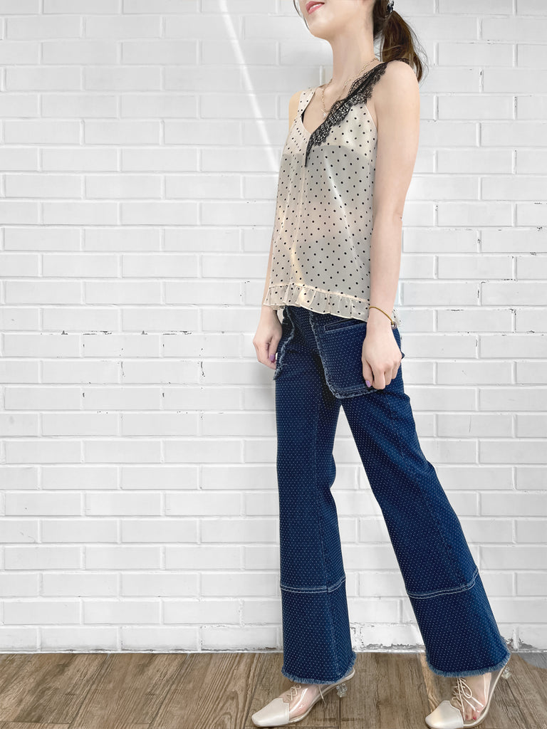 SPECIAL! Polka Dot Asymmetrical Lace Strap Ruffle Hem Silk Tank