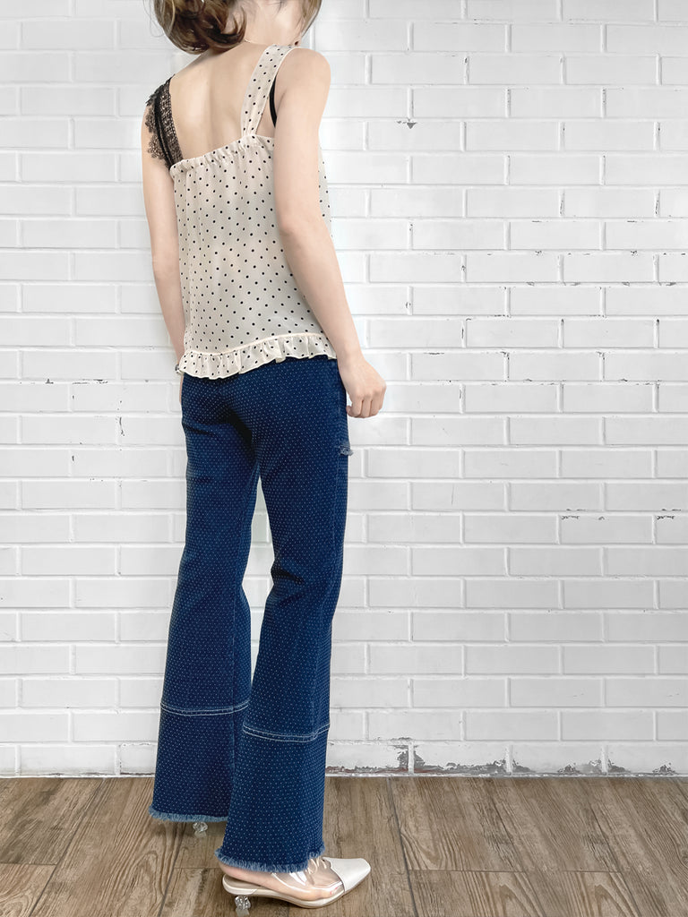 SPECIAL! Polka Dot Asymmetrical Lace Strap Ruffle Hem Silk Tank