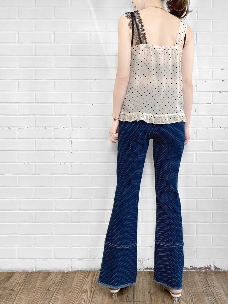 SPECIAL! Polka Dot Asymmetrical Lace Strap Ruffle Hem Silk Tank