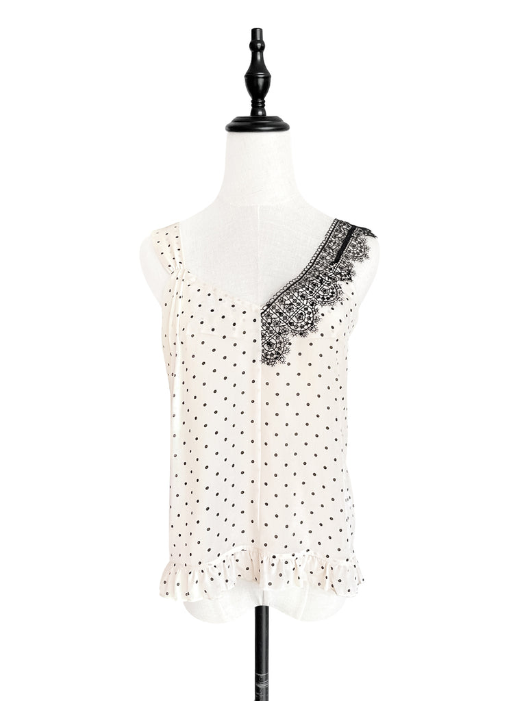 SPECIAL! Polka Dot Asymmetrical Lace Strap Ruffle Hem Silk Tank
