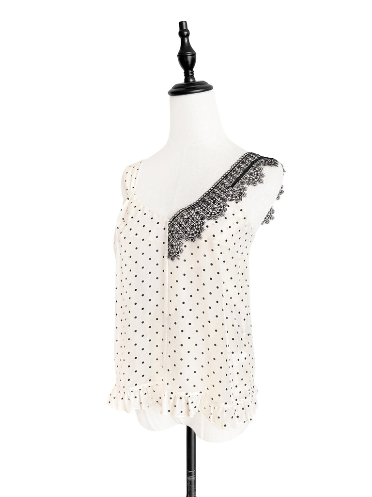 SPECIAL! Polka Dot Asymmetrical Lace Strap Ruffle Hem Silk Tank