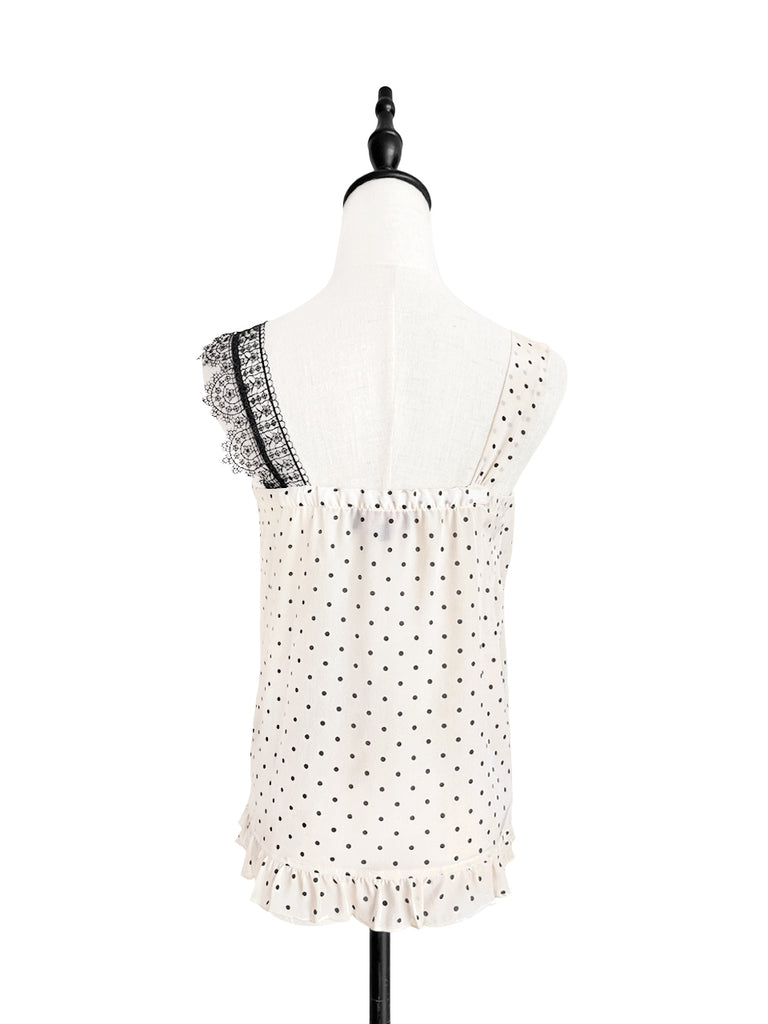 SPECIAL! Polka Dot Asymmetrical Lace Strap Ruffle Hem Silk Tank