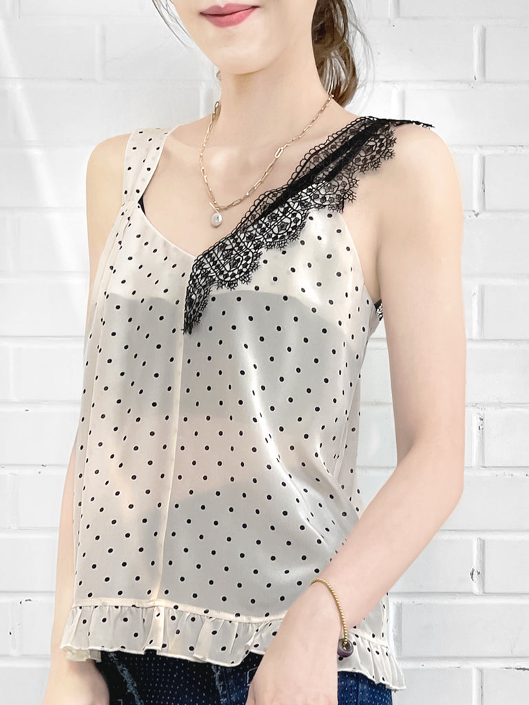 SPECIAL! Polka Dot Asymmetrical Lace Strap Ruffle Hem Silk Tank