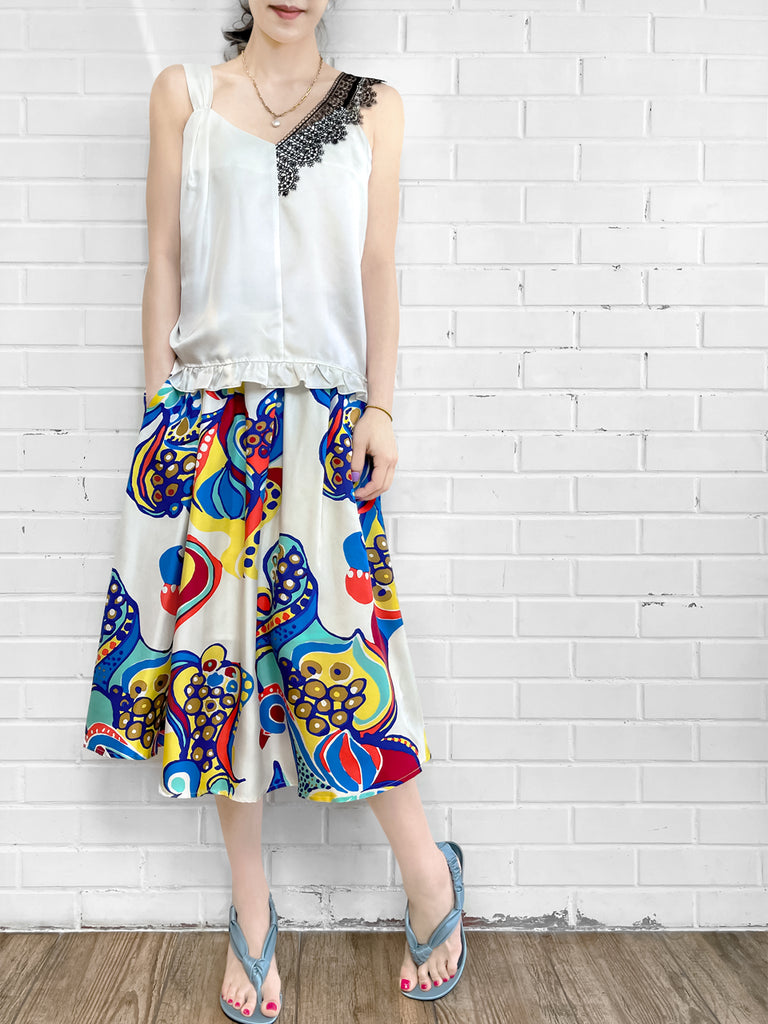 SPECIAL! Ivory White Asymmetrical Lace Strap Ruffle Hem Silk Tank