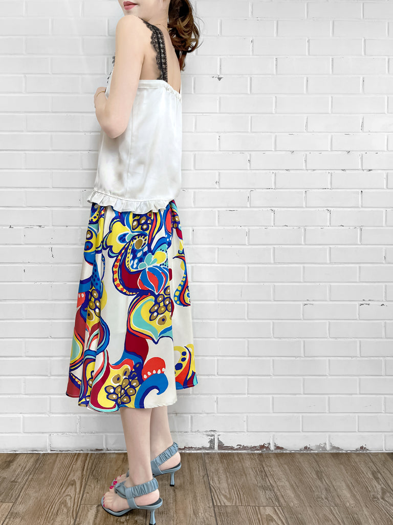 SPECIAL! Ivory White Asymmetrical Lace Strap Ruffle Hem Silk Tank