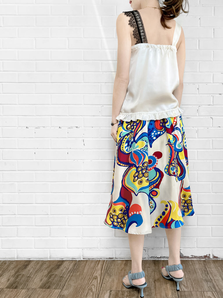 SPECIAL! Ivory White Asymmetrical Lace Strap Ruffle Hem Silk Tank