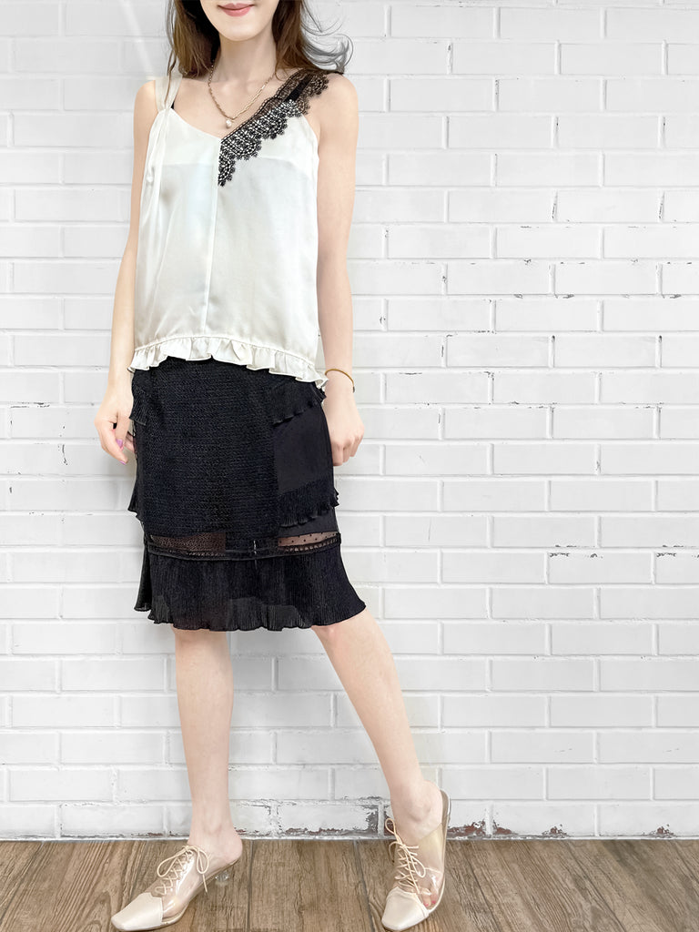 SPECIAL! Ivory White Asymmetrical Lace Strap Ruffle Hem Silk Tank