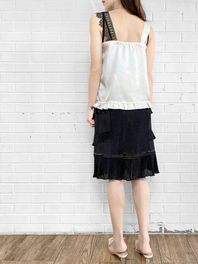 SPECIAL! Ivory White Asymmetrical Lace Strap Ruffle Hem Silk Tank