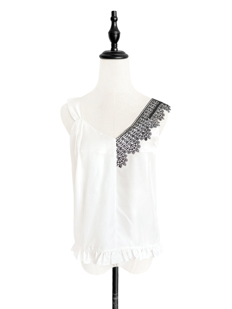 SPECIAL! Ivory White Asymmetrical Lace Strap Ruffle Hem Silk Tank