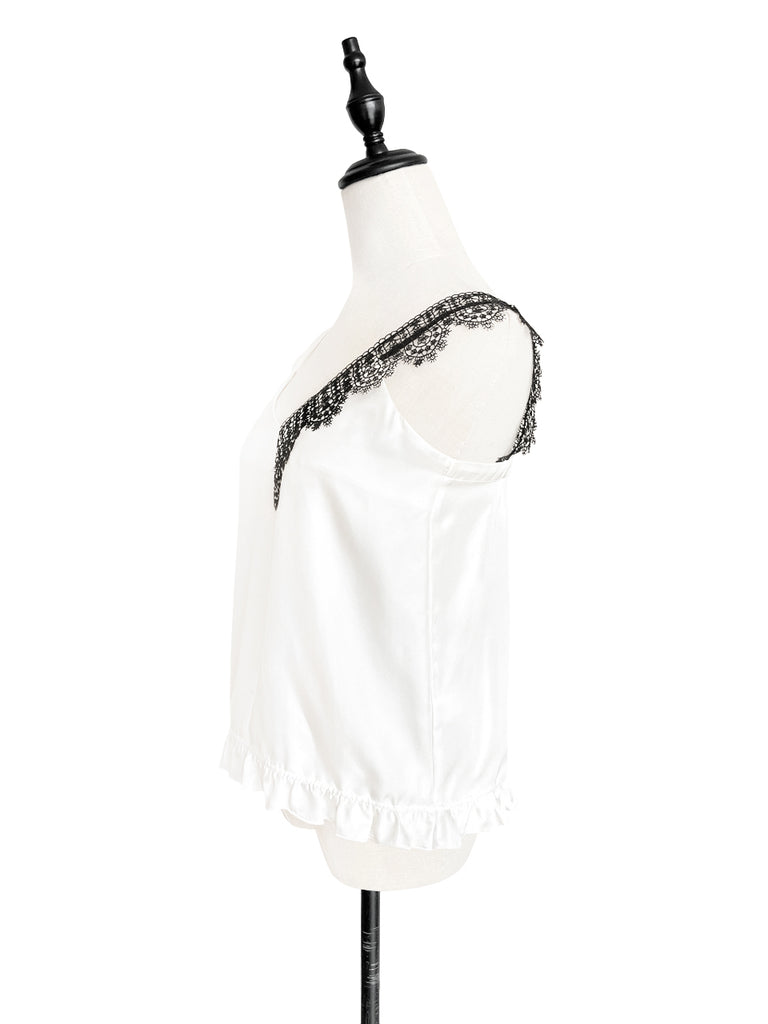 SPECIAL! Ivory White Asymmetrical Lace Strap Ruffle Hem Silk Tank