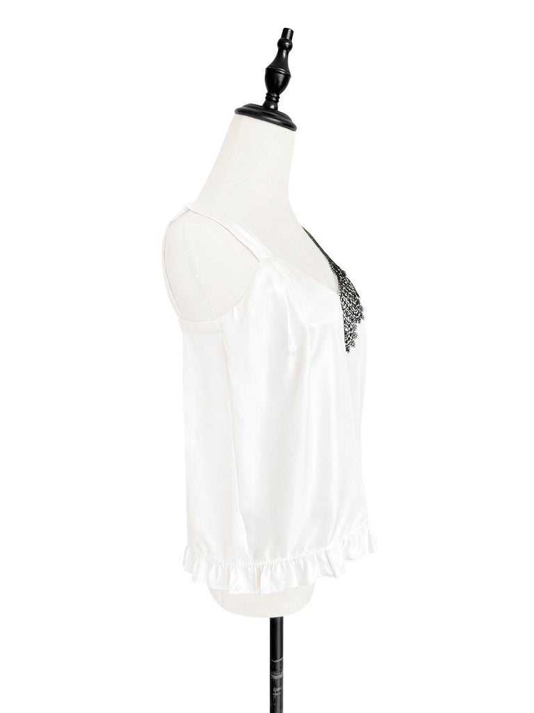 SPECIAL! Ivory White Asymmetrical Lace Strap Ruffle Hem Silk Tank