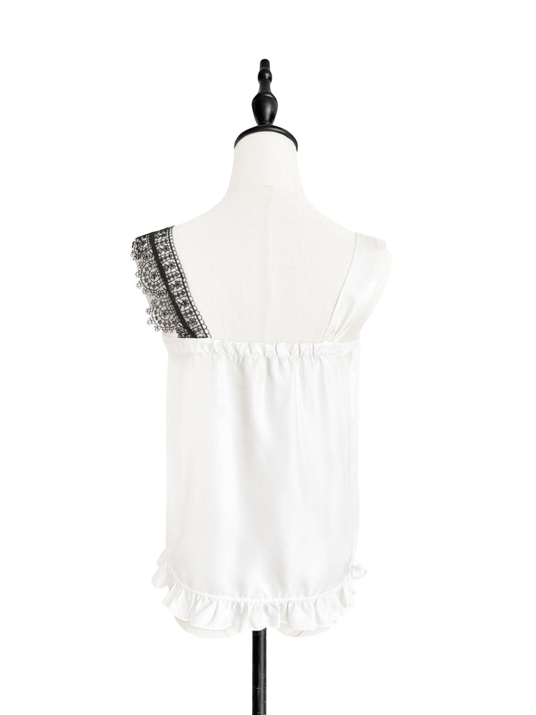 SPECIAL! Ivory White Asymmetrical Lace Strap Ruffle Hem Silk Tank