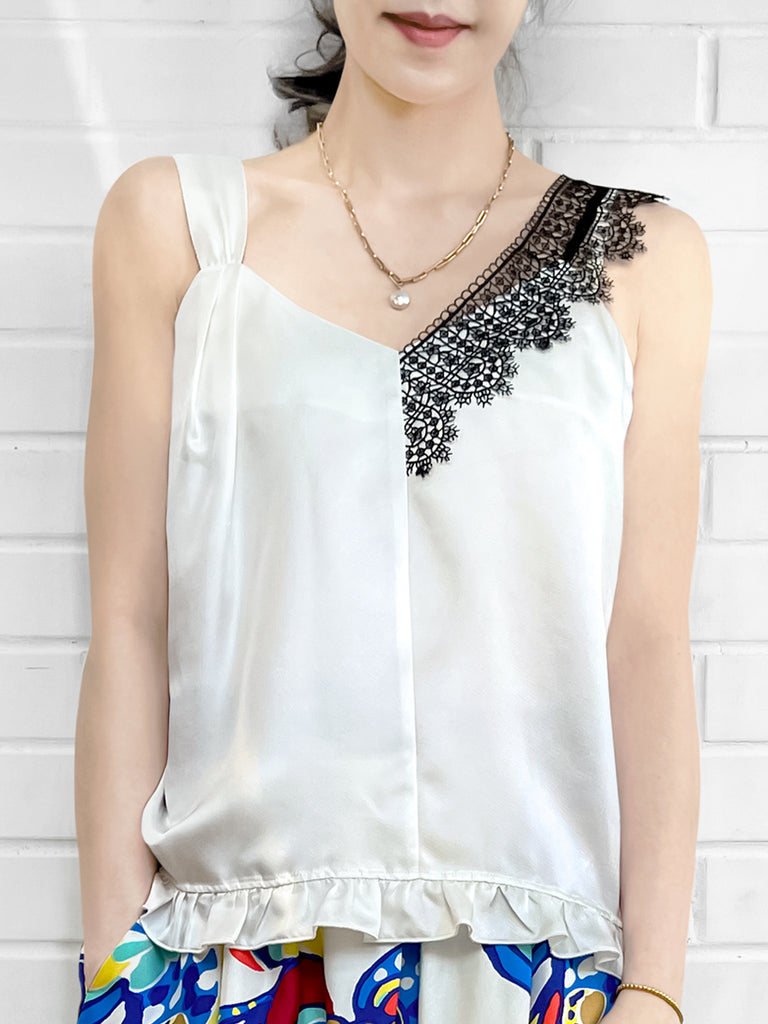 SPECIAL! Ivory White Asymmetrical Lace Strap Ruffle Hem Silk Tank