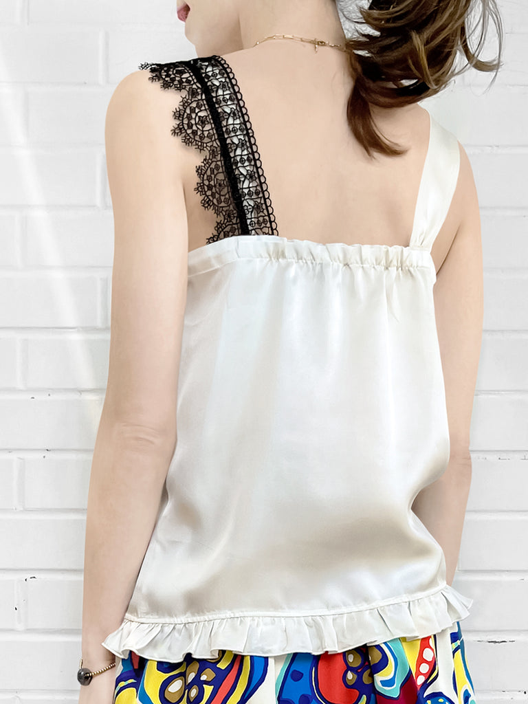 SPECIAL! Ivory White Asymmetrical Lace Strap Ruffle Hem Silk Tank