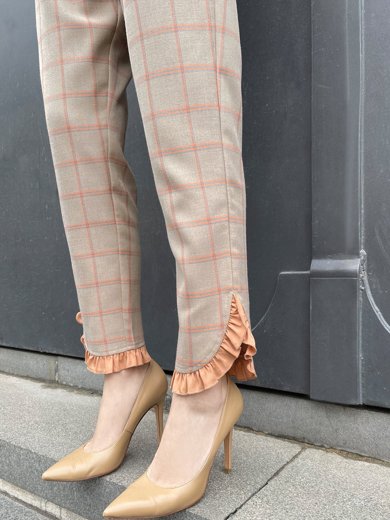 Surprise Sale! Sunset Orange Check Ruffle Waist Tapered Ankle Woolly Trousers