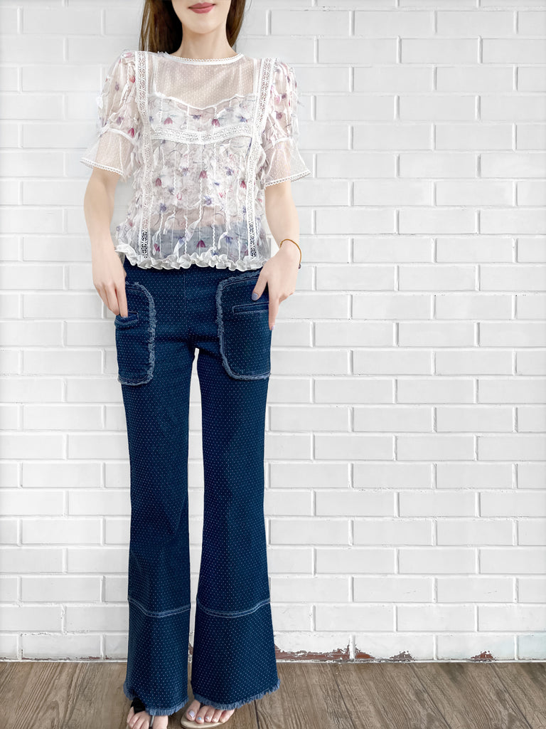 驚喜促銷!花卉蕾絲飾邊荷葉邊下擺剪裁紋理襯衫