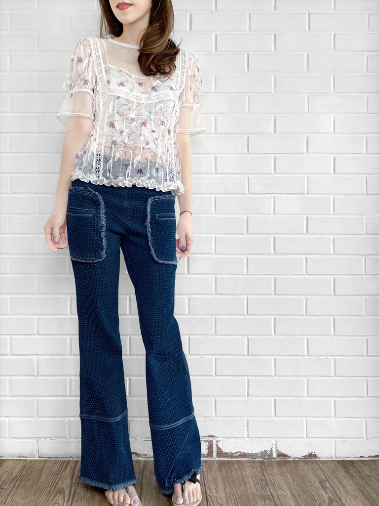 驚喜促銷!花卉蕾絲飾邊荷葉邊下擺剪裁紋理襯衫