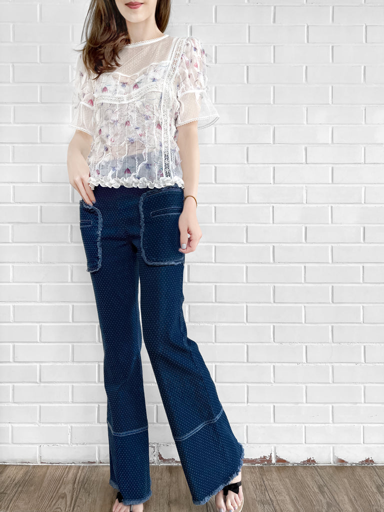 驚喜促銷!花卉蕾絲飾邊荷葉邊下擺剪裁紋理襯衫