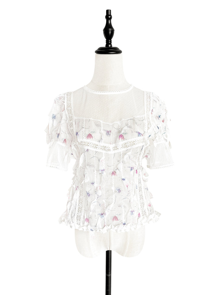 驚喜促銷!花卉蕾絲飾邊荷葉邊下擺剪裁紋理襯衫