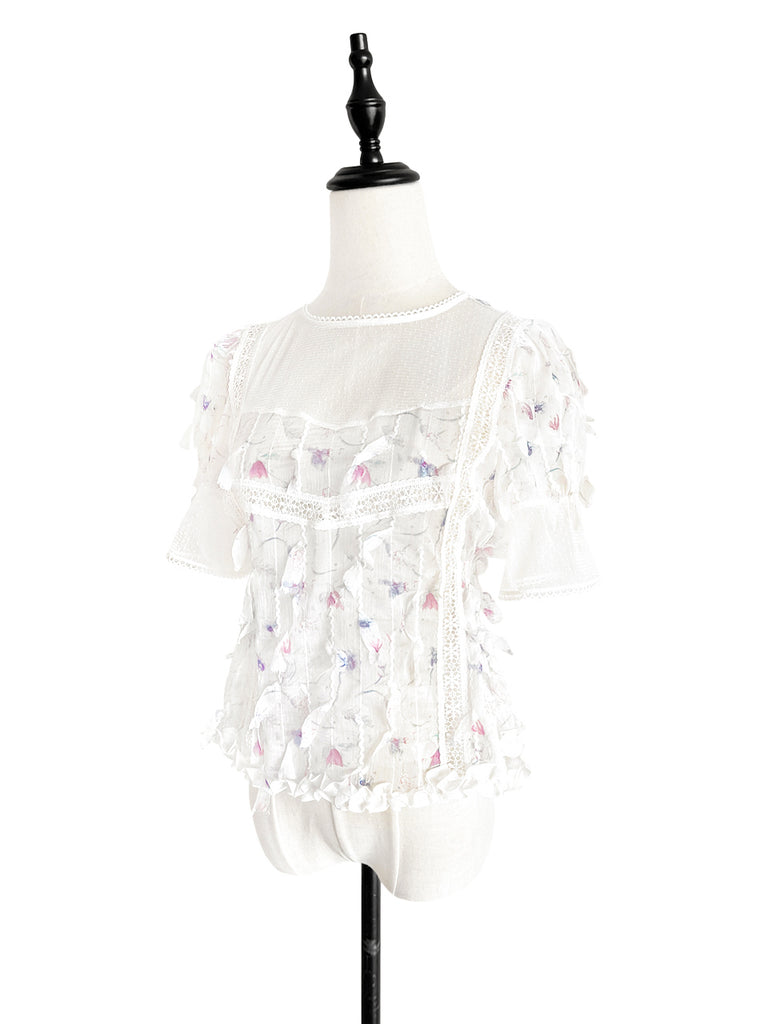 驚喜促銷!花卉蕾絲飾邊荷葉邊下擺剪裁紋理襯衫