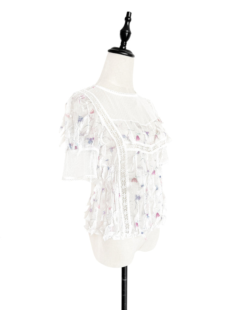 驚喜促銷!花卉蕾絲飾邊荷葉邊下擺剪裁紋理襯衫