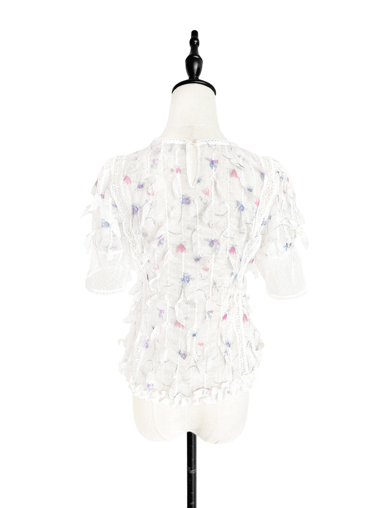 驚喜促銷!花卉蕾絲飾邊荷葉邊下擺剪裁紋理襯衫