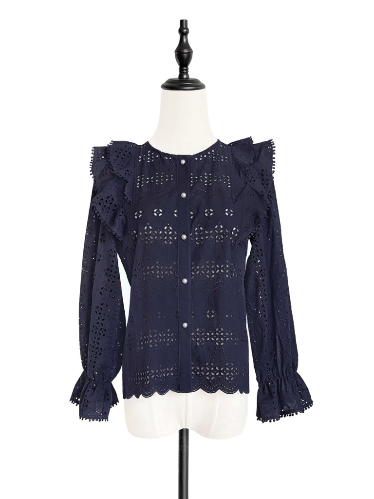 Final Sale! Dark Navy Lace Ruffle Puff Sleeve Eyelet Cotton Blouse