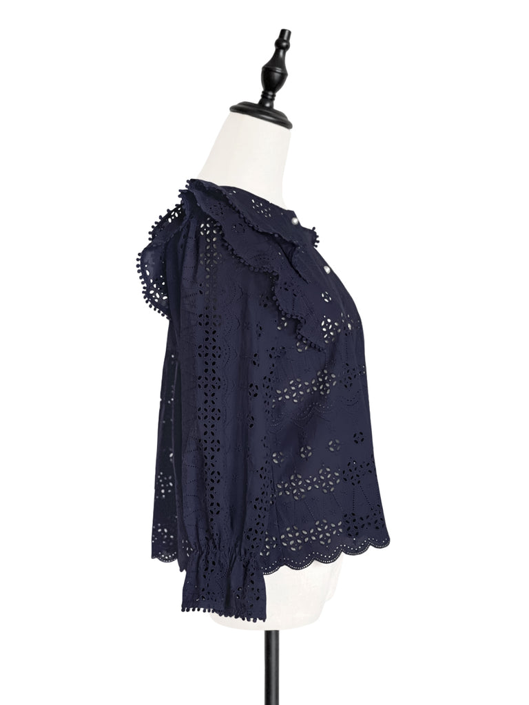 Final Sale! Dark Navy Lace Ruffle Puff Sleeve Eyelet Cotton Blouse