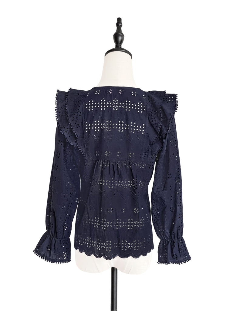 Final Sale! Dark Navy Lace Ruffle Puff Sleeve Eyelet Cotton Blouse