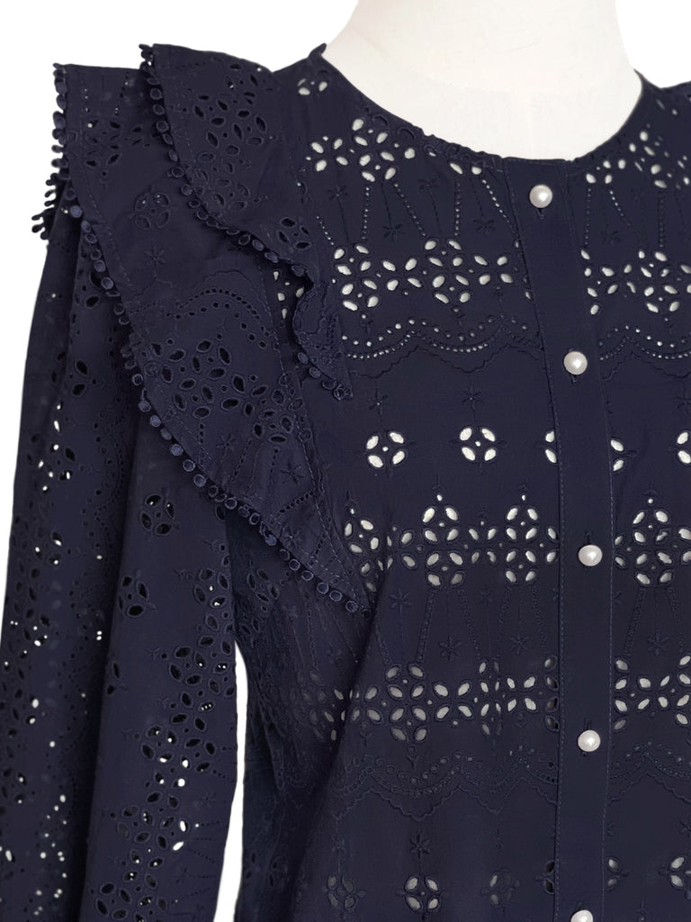 Final Sale! Dark Navy Lace Ruffle Puff Sleeve Eyelet Cotton Blouse