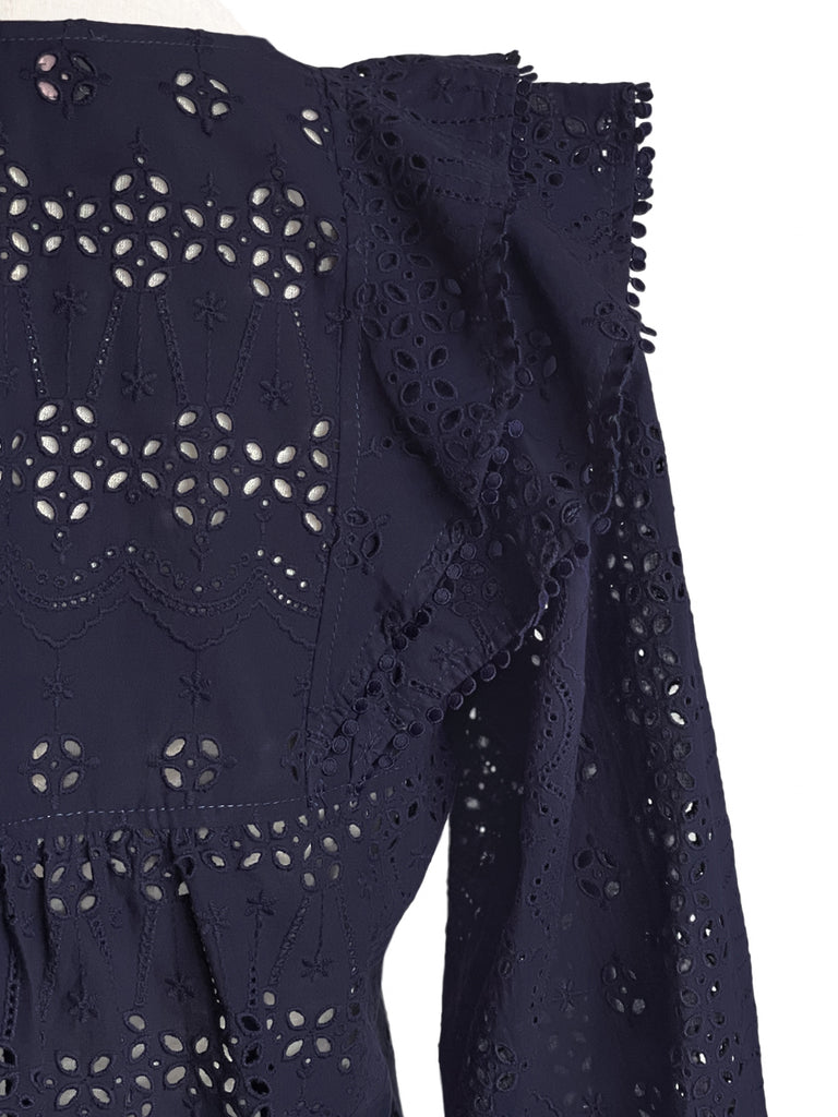 Final Sale! Dark Navy Lace Ruffle Puff Sleeve Eyelet Cotton Blouse