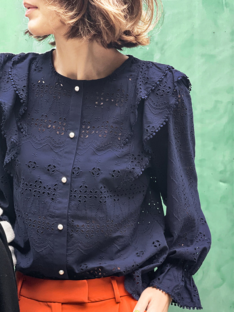 Final Sale! Dark Navy Lace Ruffle Puff Sleeve Eyelet Cotton Blouse