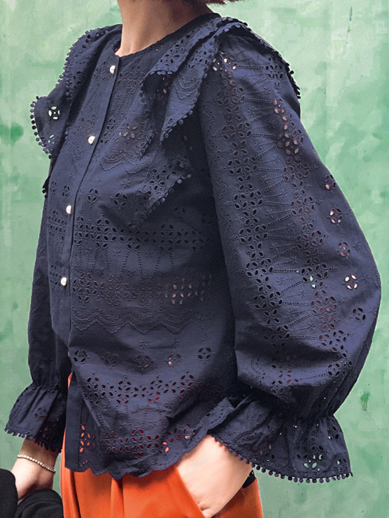 Final Sale! Dark Navy Lace Ruffle Puff Sleeve Eyelet Cotton Blouse