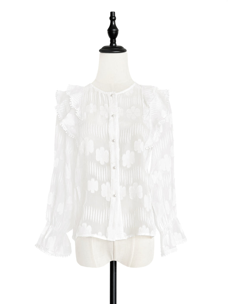 Final Sale! Tonal Puckered Flowers Ruffle Puff Sleeve Silky Blouse