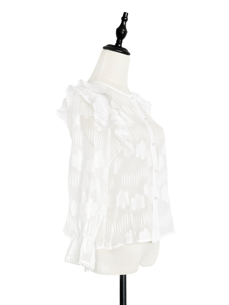 Final Sale! Tonal Puckered Flowers Ruffle Puff Sleeve Silky Blouse