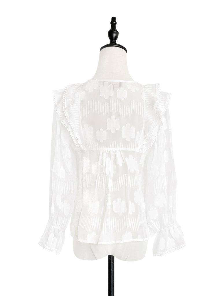 Final Sale! Tonal Puckered Flowers Ruffle Puff Sleeve Silky Blouse