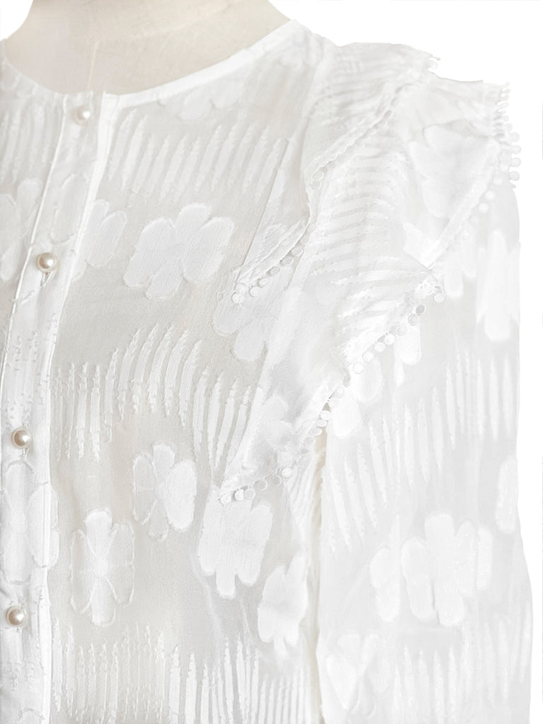 Final Sale! Tonal Puckered Flowers Ruffle Puff Sleeve Silky Blouse