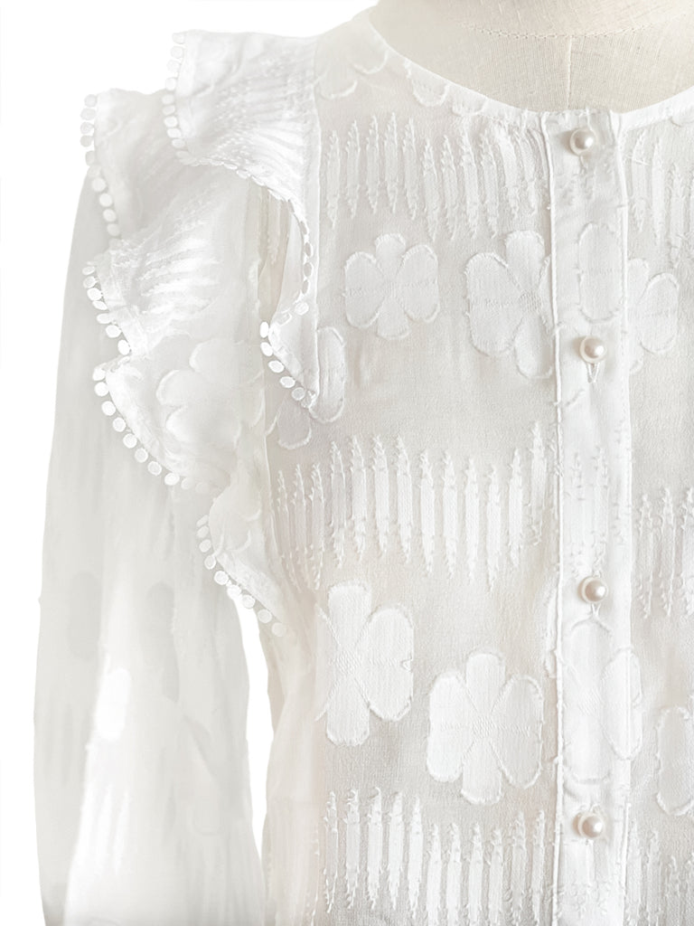 Final Sale! Tonal Puckered Flowers Ruffle Puff Sleeve Silky Blouse