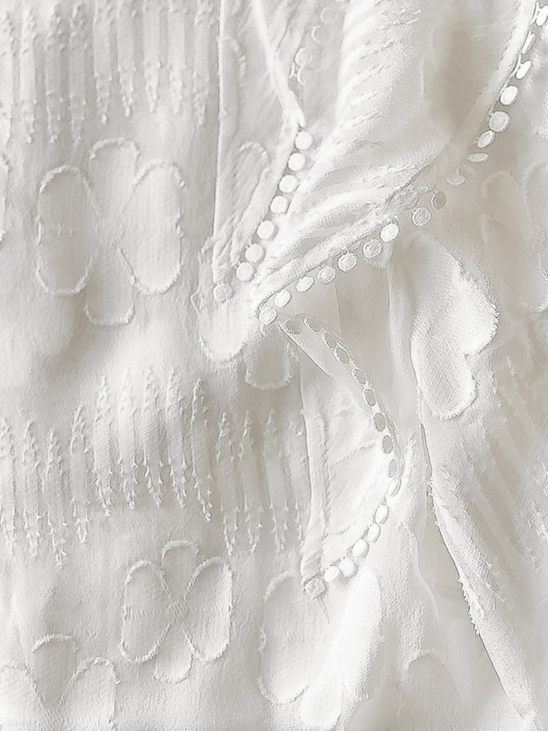 Final Sale! Tonal Puckered Flowers Ruffle Puff Sleeve Silky Blouse