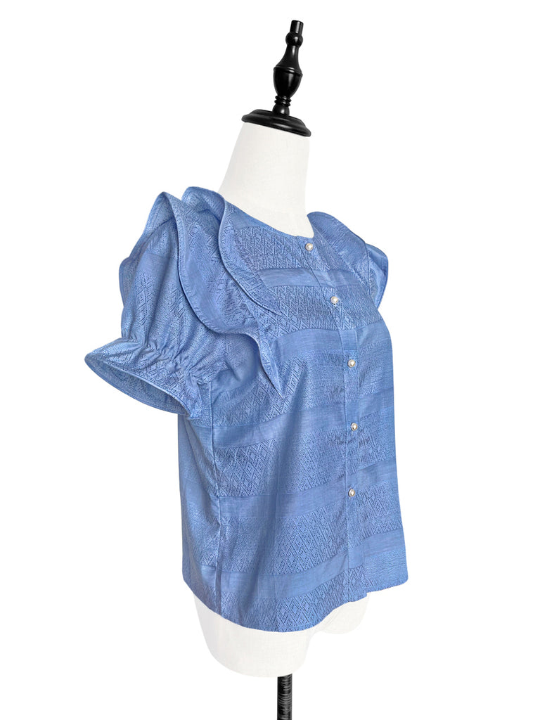 Final Sale! Porcelain Blue Embroidered Ruffle Puff Sleeve Airy Blouse