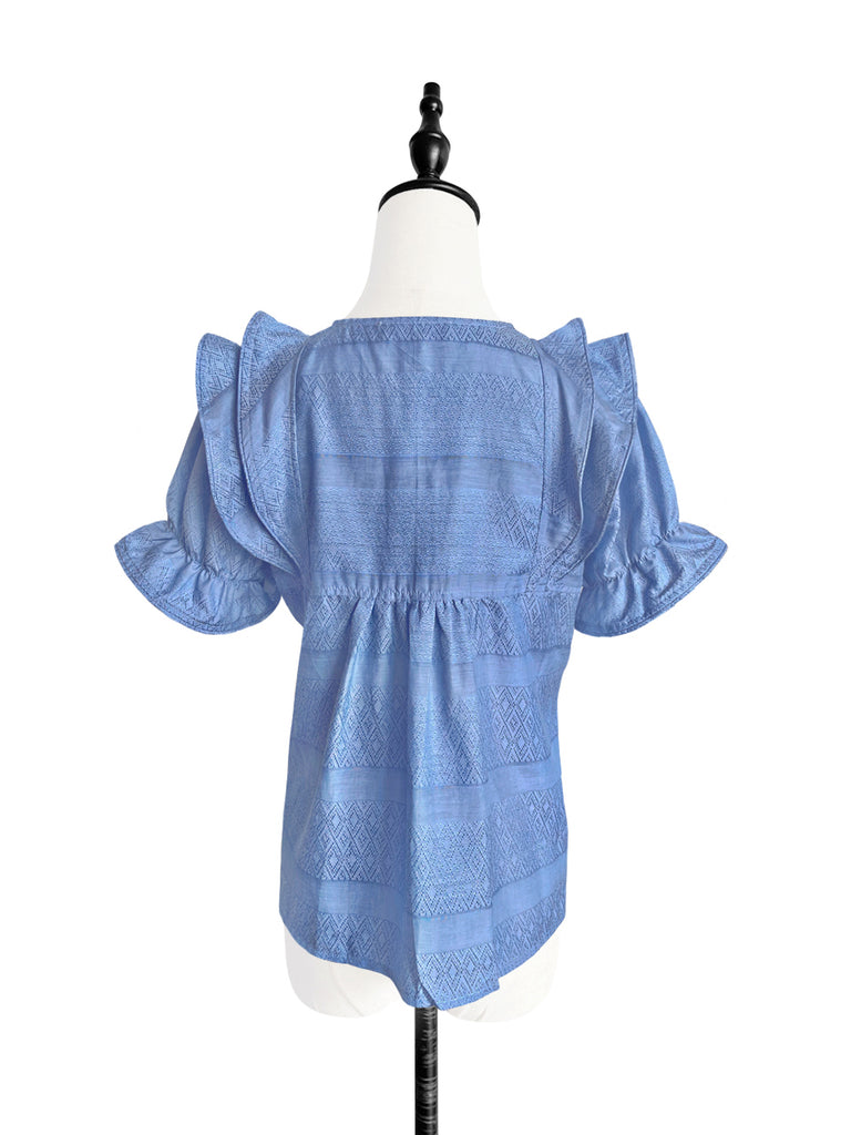 Final Sale! Porcelain Blue Embroidered Ruffle Puff Sleeve Airy Blouse
