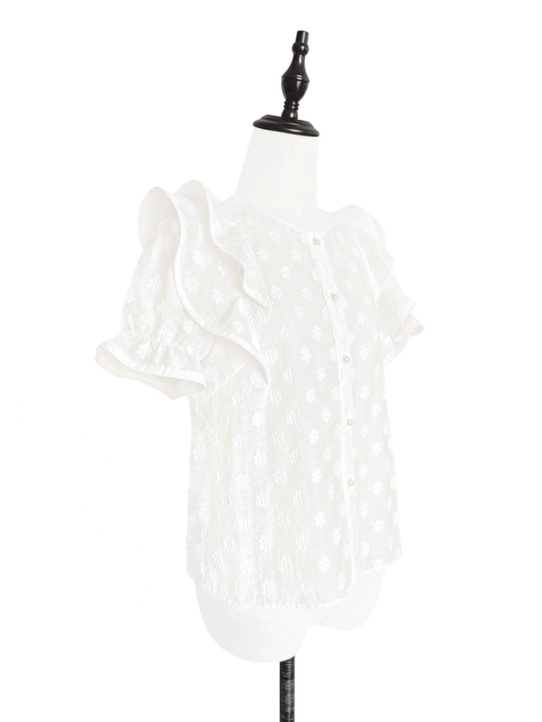 Final Sale! White Embroidered Ruffle Puff Sleeve Airy Blouse