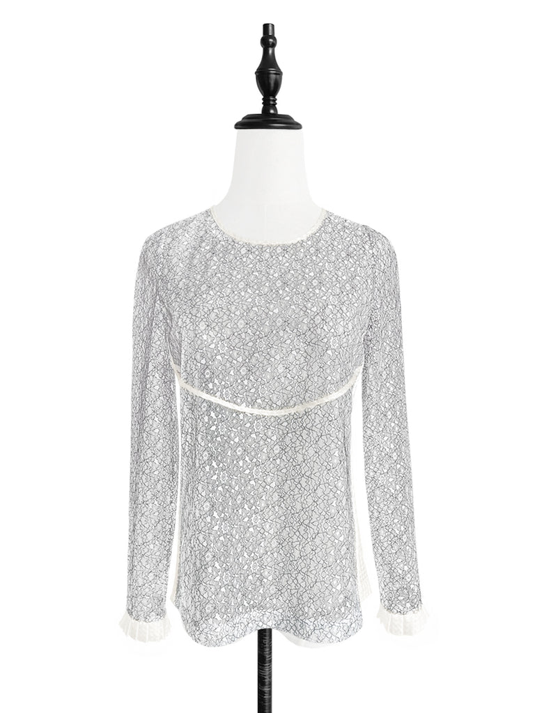 驚喜促銷!白色花朵荷葉袖口網狀蕾絲上衣