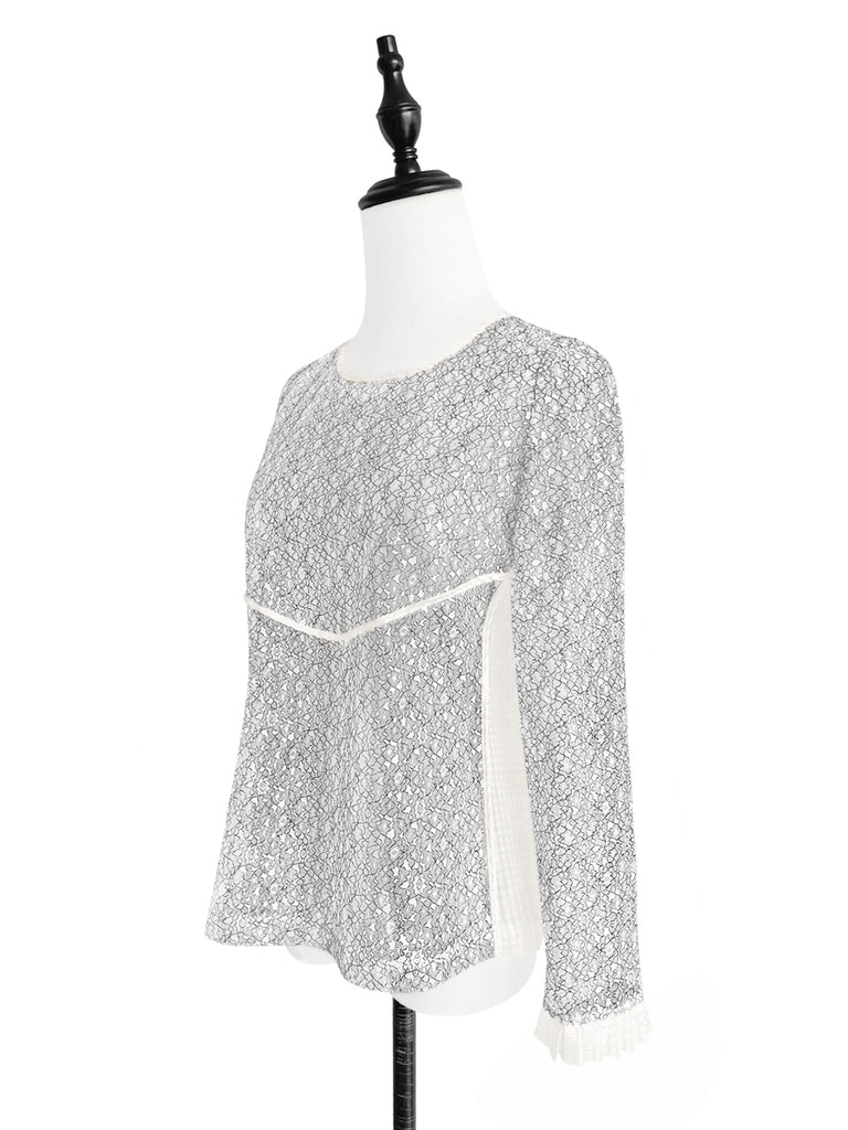 驚喜促銷!白色花朵荷葉袖口網狀蕾絲上衣