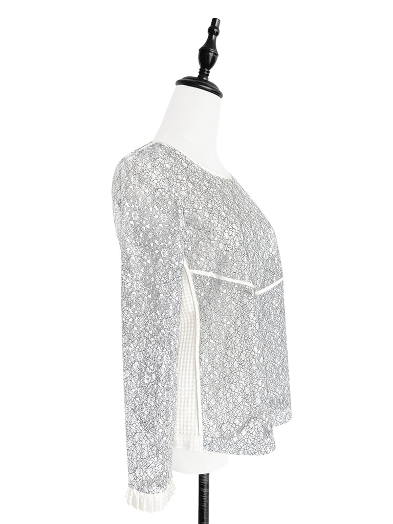 驚喜促銷!白色花朵荷葉袖口網狀蕾絲上衣