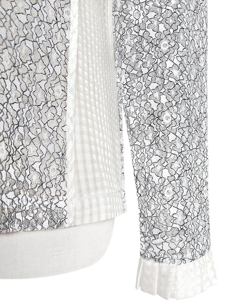 驚喜促銷!白色花朵荷葉袖口網狀蕾絲上衣