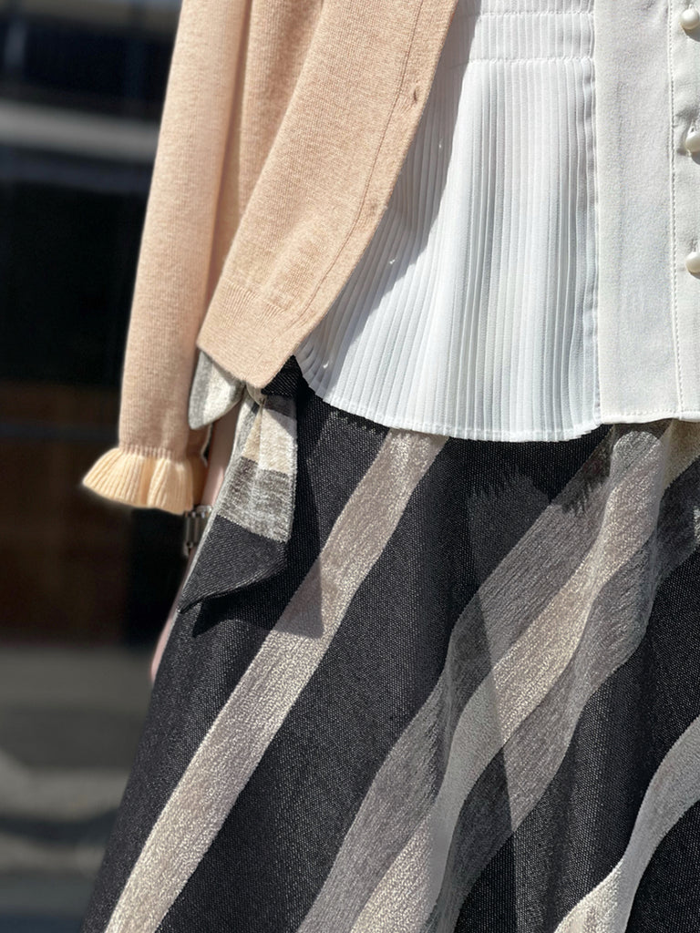 驚喜促銷!天鵝絨條紋牛仔繫帶蝴蝶結口袋全中長裙